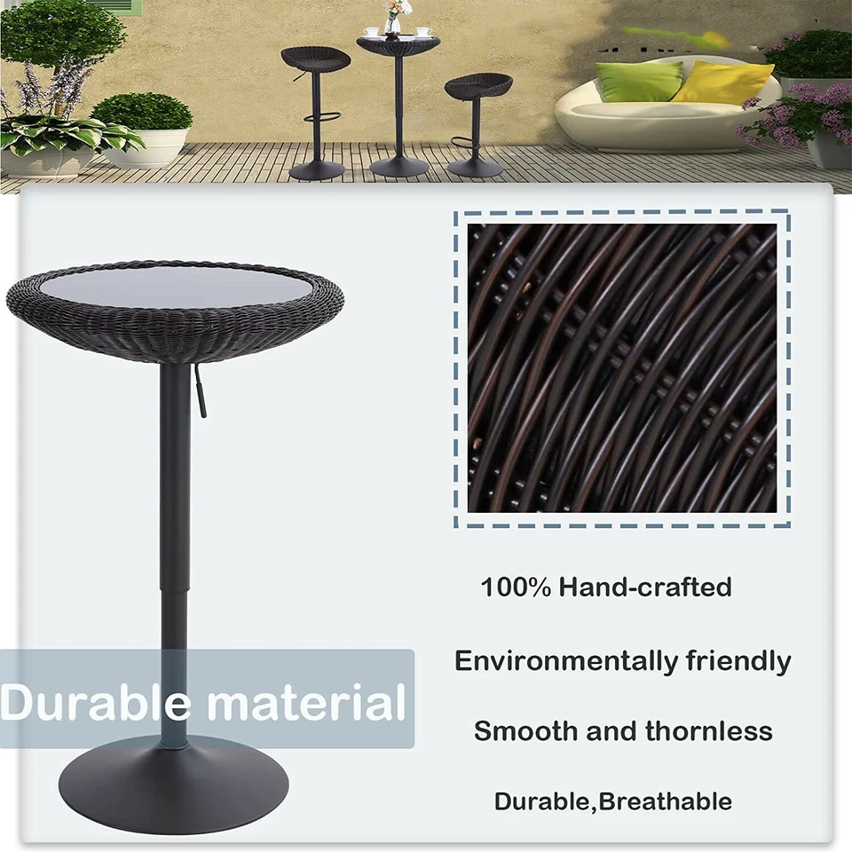 Juego de 3 sillas de mimbre y mesa ajustable para muebles de exterior de ratán y bistró para patio Foto 3 de 4