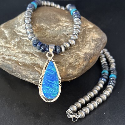 Native Turquoise Lapis Navajo Sterling Silver Necklace Gilson Opal Pendant 14366
