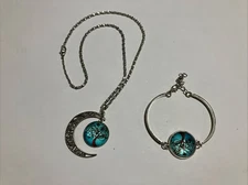 Silver Tone Tree of Life Glass Dome Pendant Necklace 18"L & Matching Bracelet