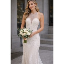 Jasmine Couture Lace Wedding Dress Beaded Illusion Neckline Ivory Champagne Sz 8