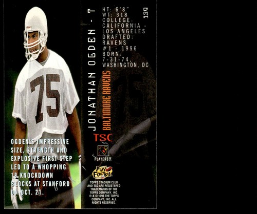 1996 Stadium Club Jonathan Ogden RC UCLA Bruins #139 - Picture 2 of 2