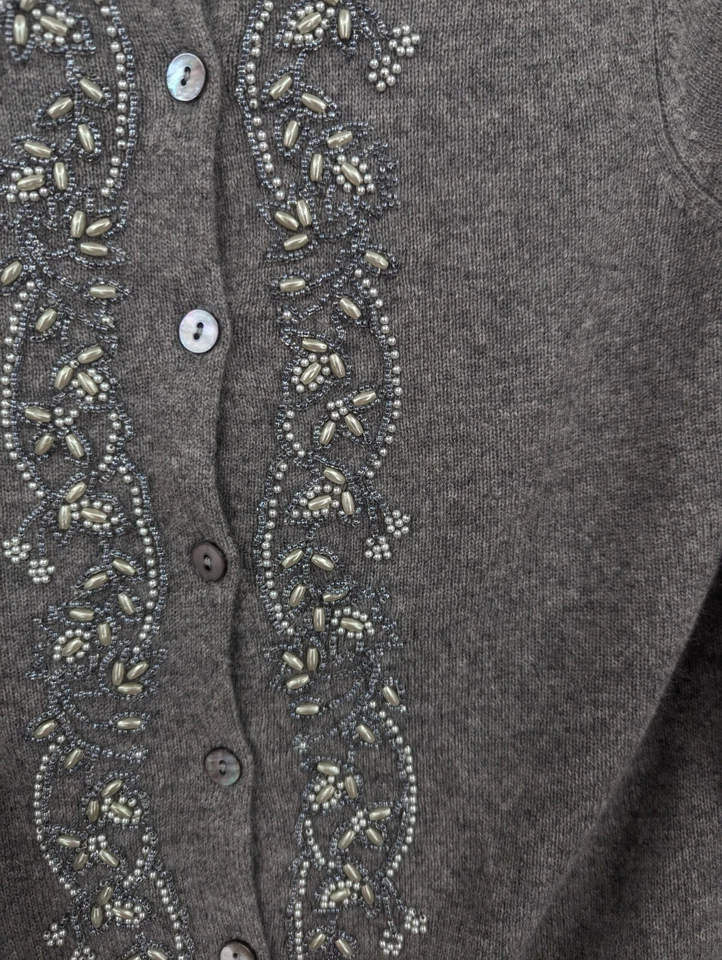 Cárdigan suéter Kenar cachemir manga 3/4 gris con cuentas 100 % cachemir grande Foto 2 de 4