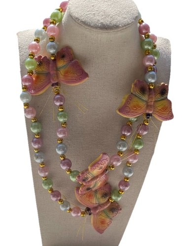 Vintage Butterfly Color Pearls Beaded Ceramic Choker Quality Necklace 80s Sz 19” - Picture 6 of 15