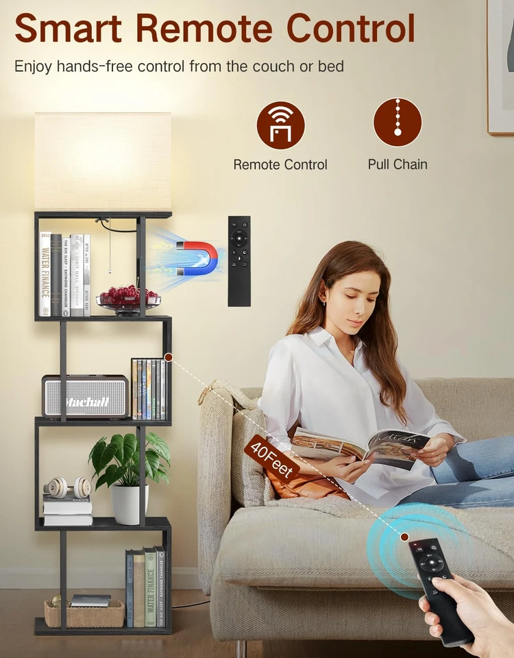 5-Tier Floor Lamp with Shelves & Remote, Dimmable S-Shaped Bookshelf with 3 C... - Image 3 of 4
