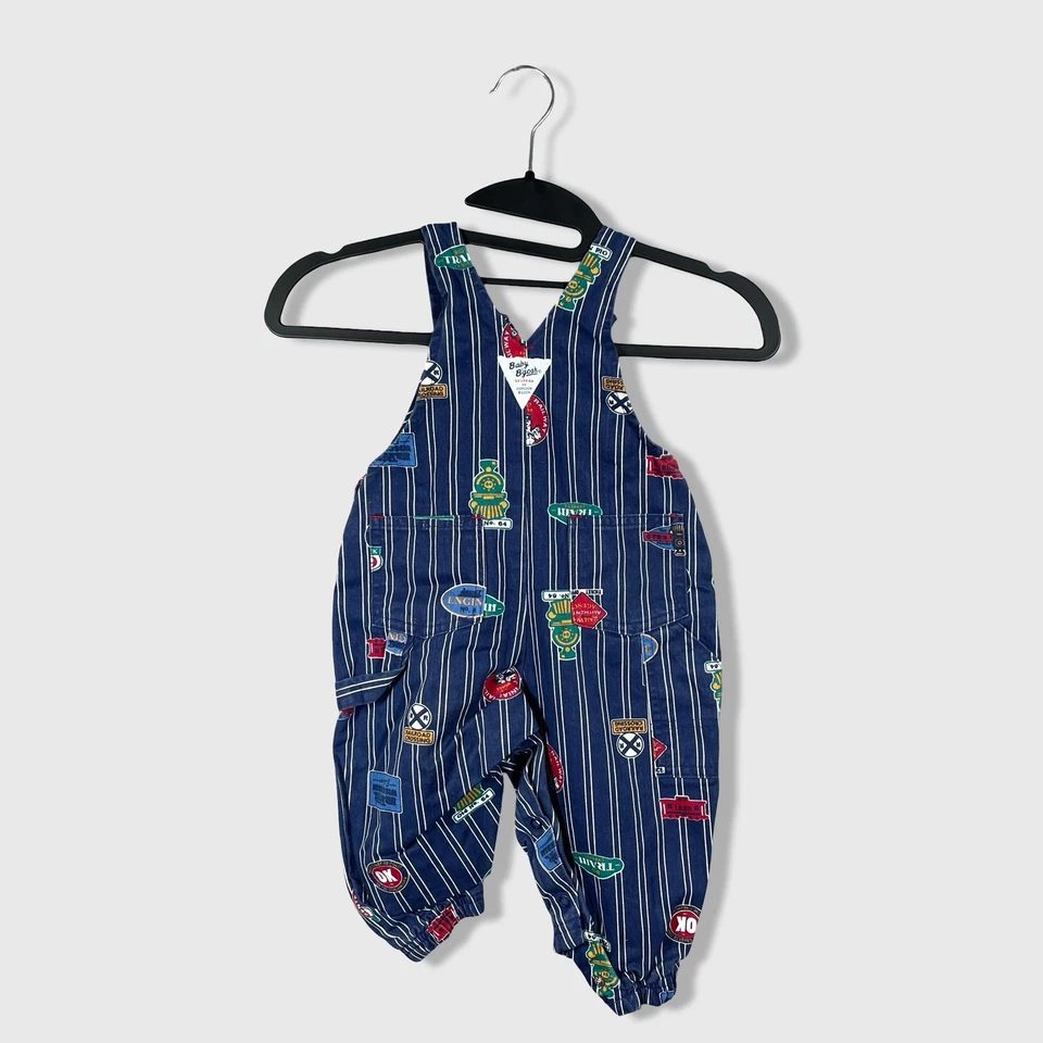 Vintage Baby OshKosh B'gosh Overalls Toddler 18 Months Blue Trains Printed Cute - Image 4 of 4