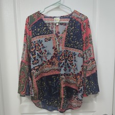 Fig And Flower Shirt Blouse Size S Multicolor Patchwork Flare Bell Sleeve Boho