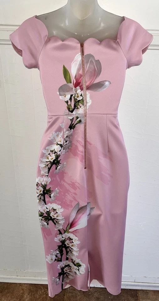 Ted Baker London Olyva Harmony Pink Floral Off Shoulder Bodycon Dress 0 US 4 XS - Image 4 of 4