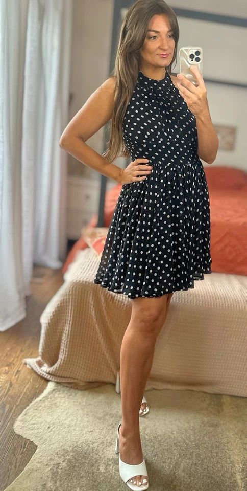 Vestido Halter Moda International Talla 12 Chifón Negro Blanco Lunares Foto 2 de 4