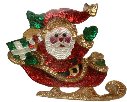 Vintage Christmas Santa Beaded Sequin Appliqués Santa Sleigh Large 9x8 NOS