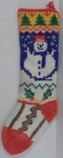 Vintage Knit Christmas Stocking Snowman Trees Snowflakes Orange Blue Holiday