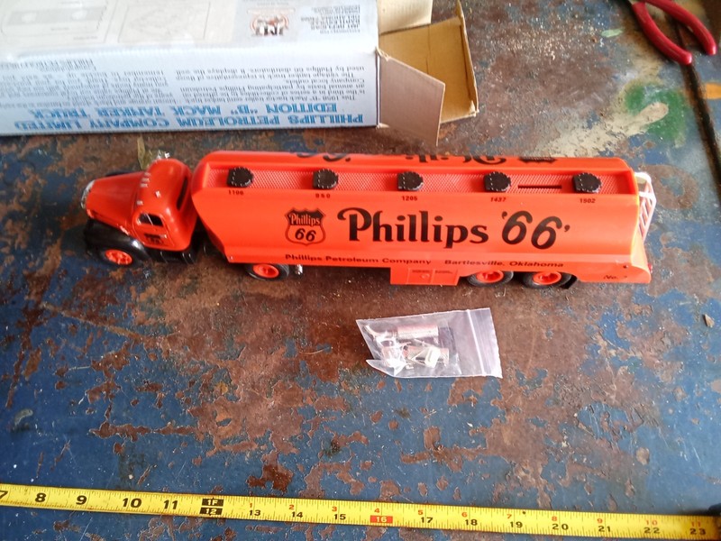PHILLIPS 66 1958 "B" Mack Tanker Toy Truck Box Open  Contents Never Removed 