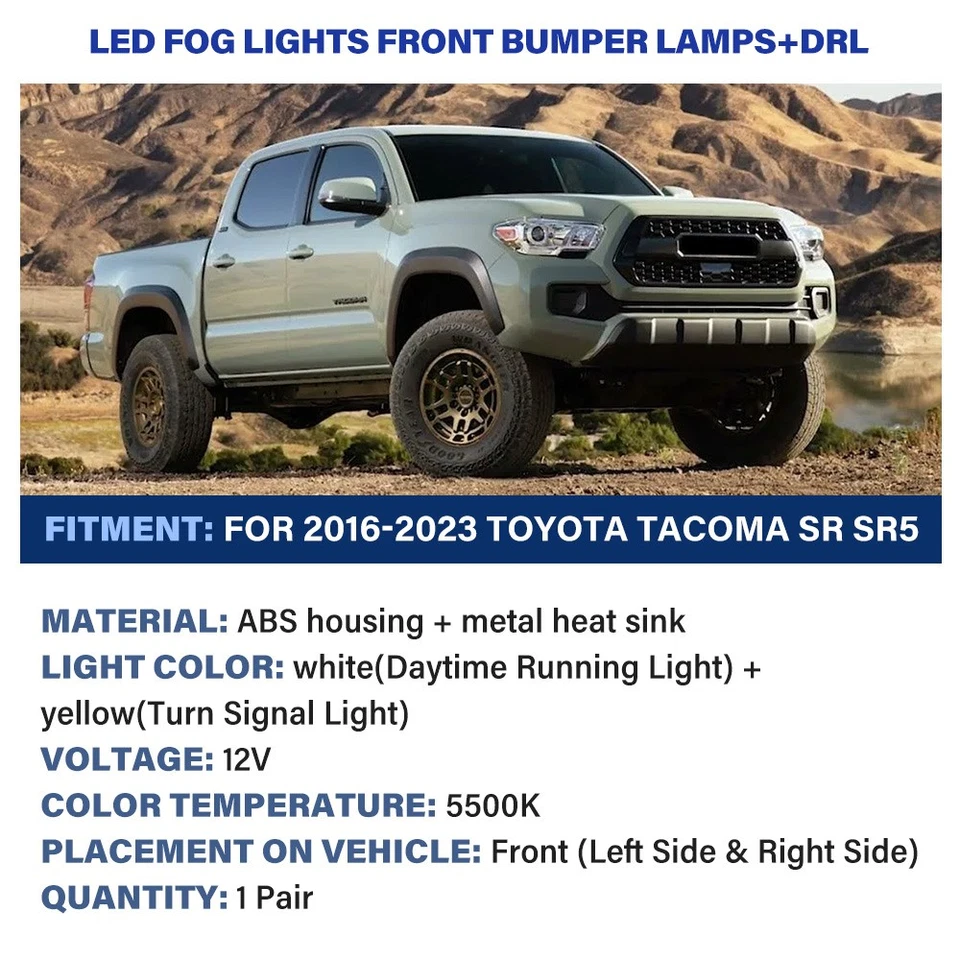LED Fog Lights For 2016-2022 2023 Toyota Tacoma SR SR5 Front Bumper DRL+Lamps — 第 2/4 张图片