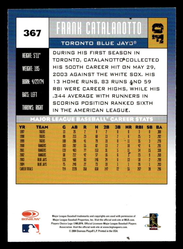 2005 Donruss Frank Catalanotto #367 Toronto Blue Jays NM! - Image 2 of 2