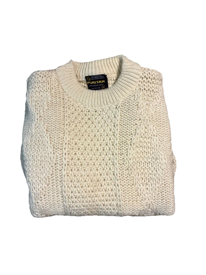 VTG Puritan 100% Virgin Wool Cable Knit Sweater Cream Size Large - Image 2 of 4