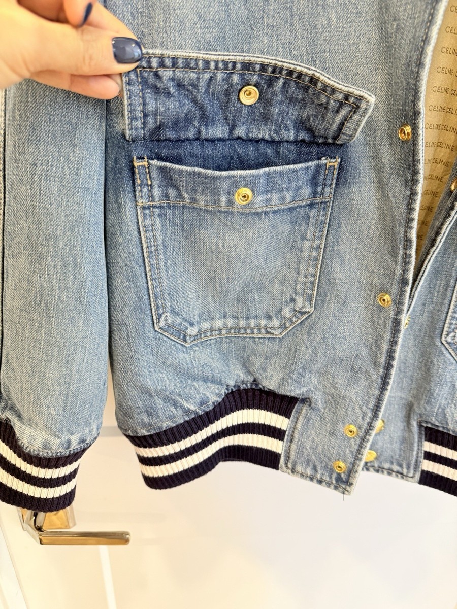 Celine Denim Teddy Jacket With CELINE PARIS Patch In Ocean Breathe