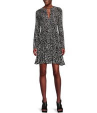 NWT MICHAEL Michael Kors Sz XL Modern Ocelot Print V-Neck Long Sleeve Mini Dress