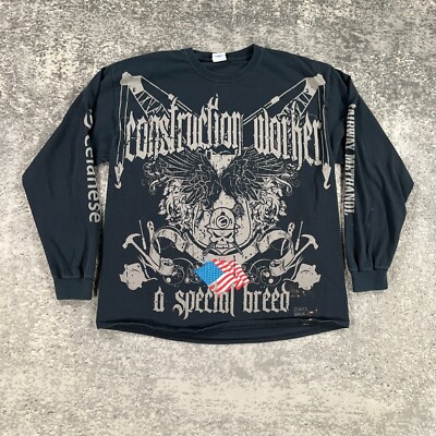 Construction Worker Shirt Mens XL Black Long Sleeve Skull Goth All Over Print