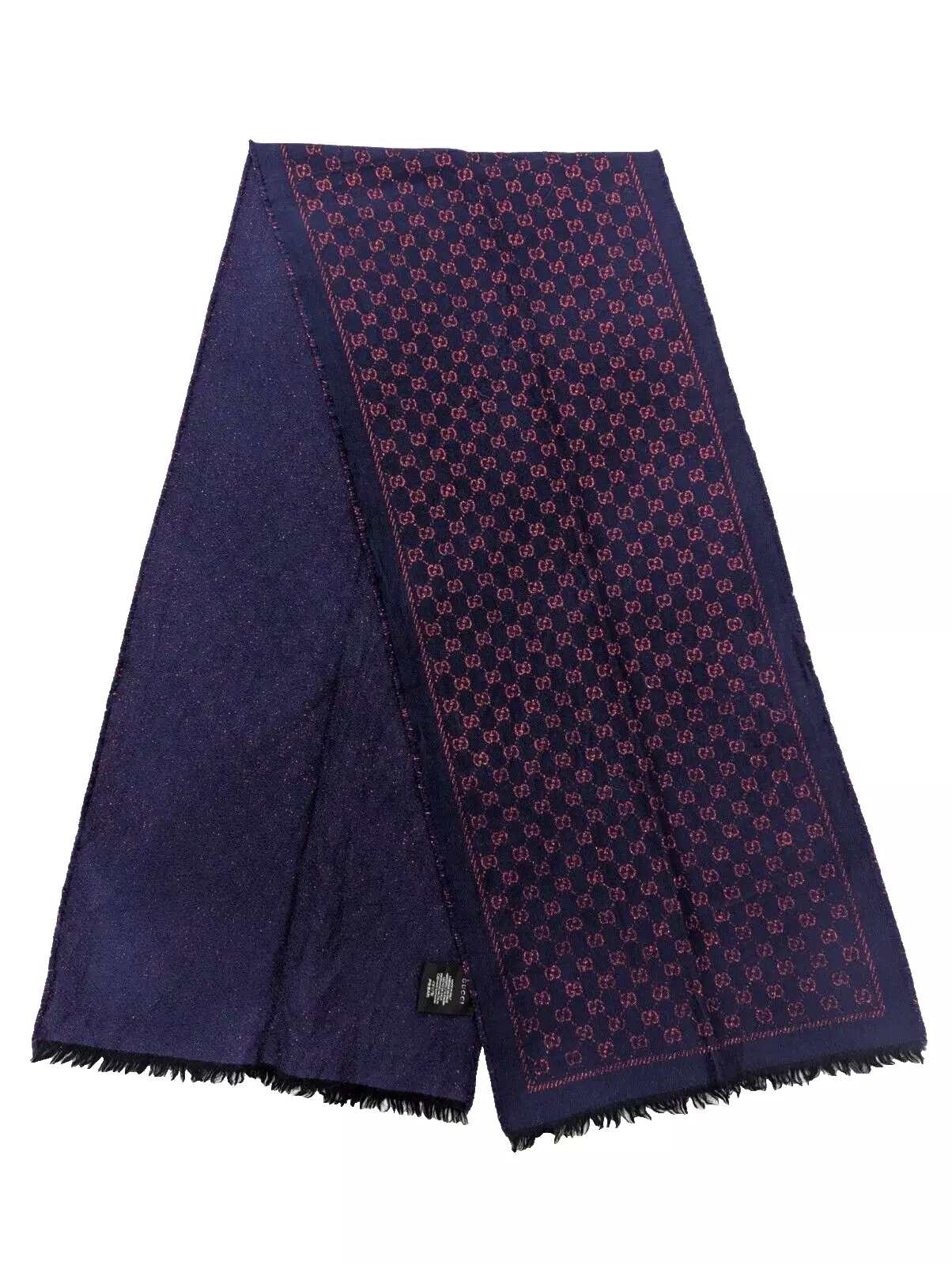 Foulard Gucci laine soie jacquard GG monogramme Stenix bleu marine fabriqué en Italie.
