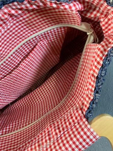 TOMMY HILFIGER Straw Woven Handbag Purse Wooden Handles Navy Blue Red - Picture 9 of 13