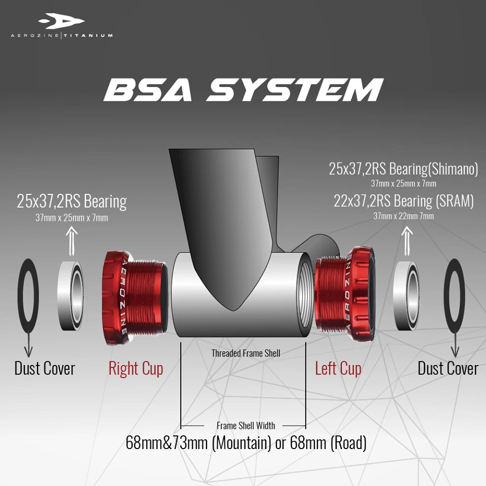 MOWA Mountain BMX Bicycle Bike Bottom Bracket Bsa 68/73mm for Shimano/Sram BB24 - Image 2 of 2