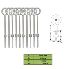 10 Pieces 5/16 Inch x 8 Inch Marine Turned Eye Bolt Nut And Washers Forge Style