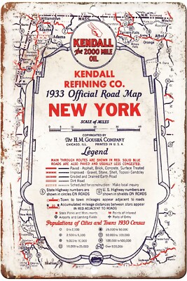 Tin Sign 8 x12 1940s Kenda;; REfining Oil Free Road Map for New York