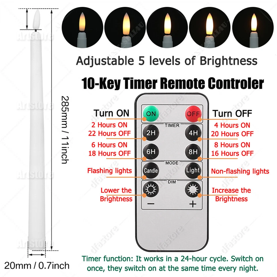12 Pcs Flickering Flameless Taper Candles Light with Remote Control Timer Dimmer - Image 3 of 4
