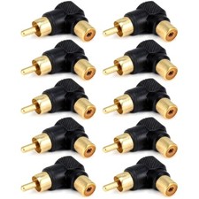10 Pcs RCA Male Plug to RCA Female Jack Right Angle Adapter Connector Gold