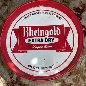 Rheingold Extra Dry Lager Beer Metal Serving Tray Liebmann Breweries 13” Dented