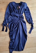 LADIES BNWT PRETTY LITTLE THING NAVY SATIN WRAP DRAPED MIDI DRESS SIZE 8