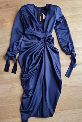LADIES BNWT PRETTY LITTLE THING NAVY SATIN WRAP DRAPED MIDI DRESS SIZE  UK