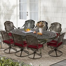 9 PCS Patio Dining Set Outdoor Furniture Set w/ Large Oval Table 8 Swivel Chairs