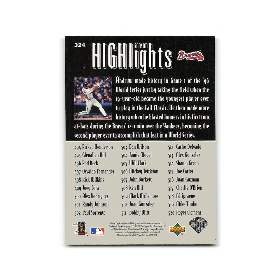 Andruw Jones 1997 Upper Deck #324 Atlanta Braves Baseball Card NM - Image 2 of 3