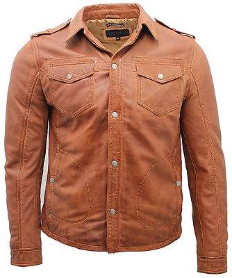 Herren hellbraune Leder Vintage Jeans Hemd Jacke