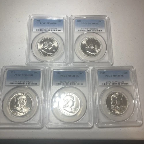 5- 1955 PCGS MS64 FBL Franklin  Half Dollars! 5 Ea