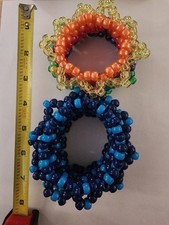 2 Handmade Kandi Rotator Cuff Fidget Bracelets Pony Bead Rainbow Blue 4 Inch