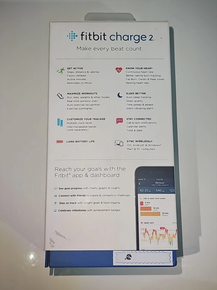 NEW Fitbit Charge 2 Black Fitness Activity Tracker (With S + L Sizes Wristband) - image 2 of 4