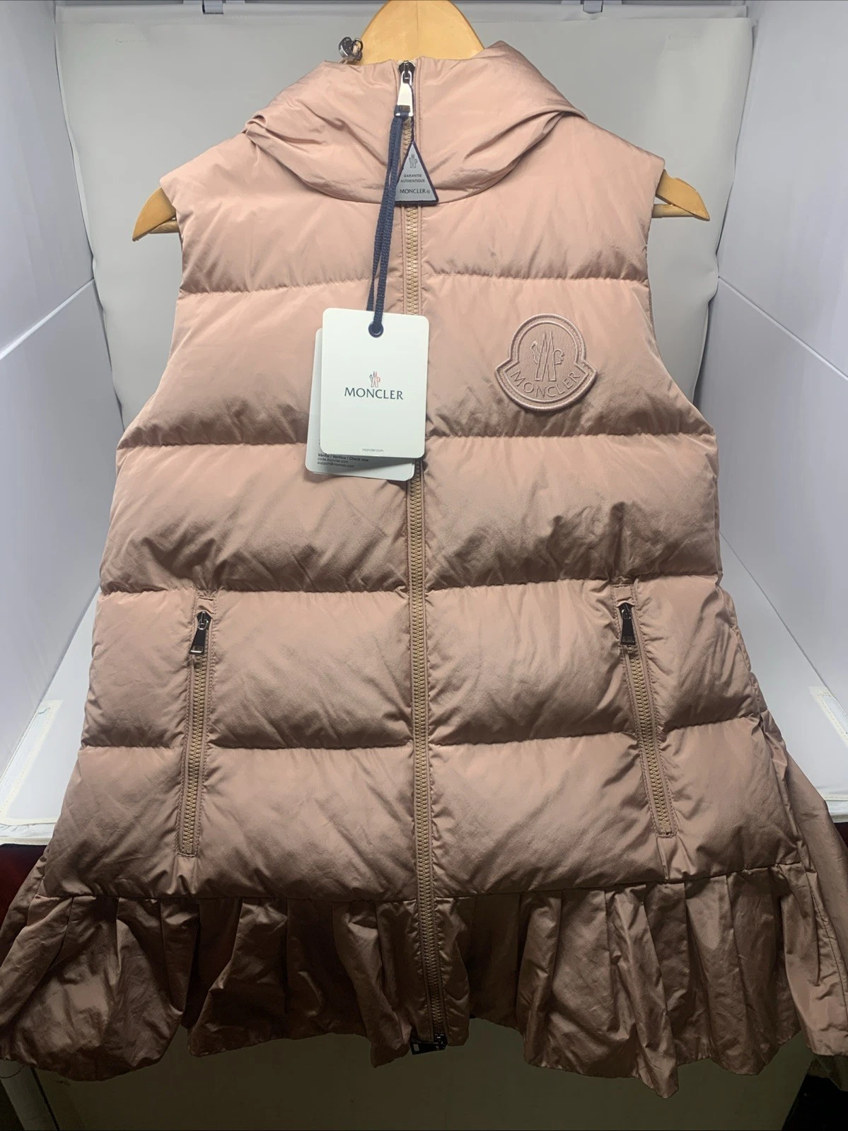 Moncler — Moncler Brannec Gilet Puffer Vest Women's 1 Small Pink Ruffle Hem Full Zip NWT