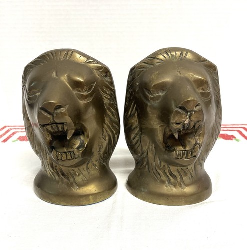 Vintage Brass Roaring Lion Head Bookends Pair Of 2 Hollywood Regency