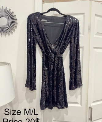 Mitchell Women's Black Sequin V-Neck Long Sleeve Mini Dress Party/Cocktail M/L