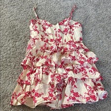 Ivory Red Floral Mini Dress Sleeveless Straps Ruffle Sweetheart Neck