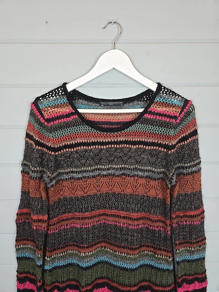 Peruvian Connection Medium Jumper Striped Telluride Tunic Crochet Alpaca Wool - Image 2 of 4
