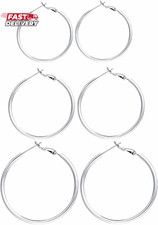 3 Pairs Sterling Silver Hoop Earrings, 14K White Gold Plated Big Hoop Earrings S