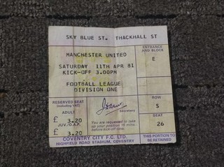 Coventry City vs Manchester United Ticket 1981 Division One