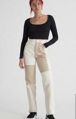 Pacsun Eco Off white Patchwork Dad Jean Women 27 Biege Cream Grunge Y2K Grunge