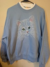 Vintage MORNING SUN Big Face Kitty Cat Graphic Grandmacore Crew Sweatshirt LARGE