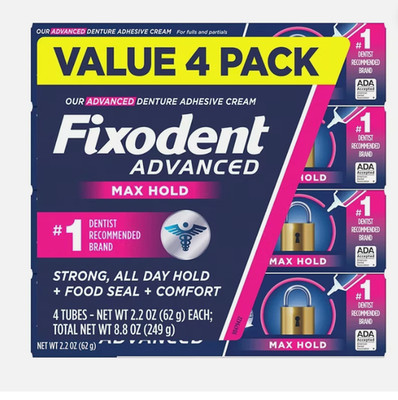 Fixodent Advanced Max Hold Denture  Adhesive 4 Pack 2.2 oz Each Extra Strength