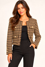 House of Harlow Women's Houndstooth Tweed Short Jacket - Brown/Black - Pockets