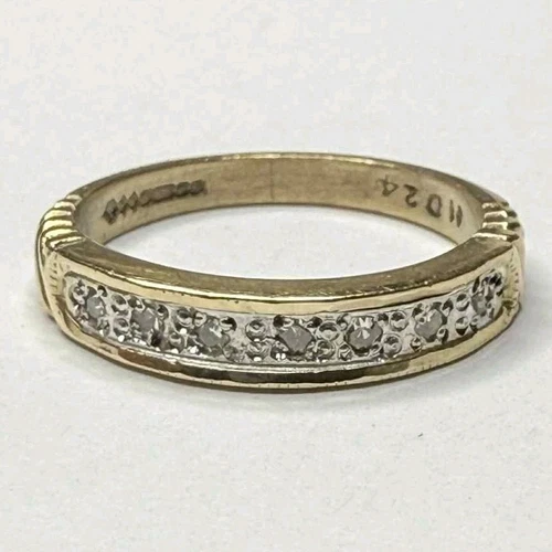 9CT YELLOW GOLD DIAMOND HALF ETERNITY STACKING BAND RIBBED SHOULDER RING SIZE K
