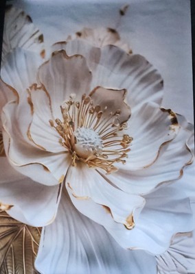   Gerahmte Leinwand - Weiße & goldene Blume - Moderne Kunst - 119 x 80 cm 